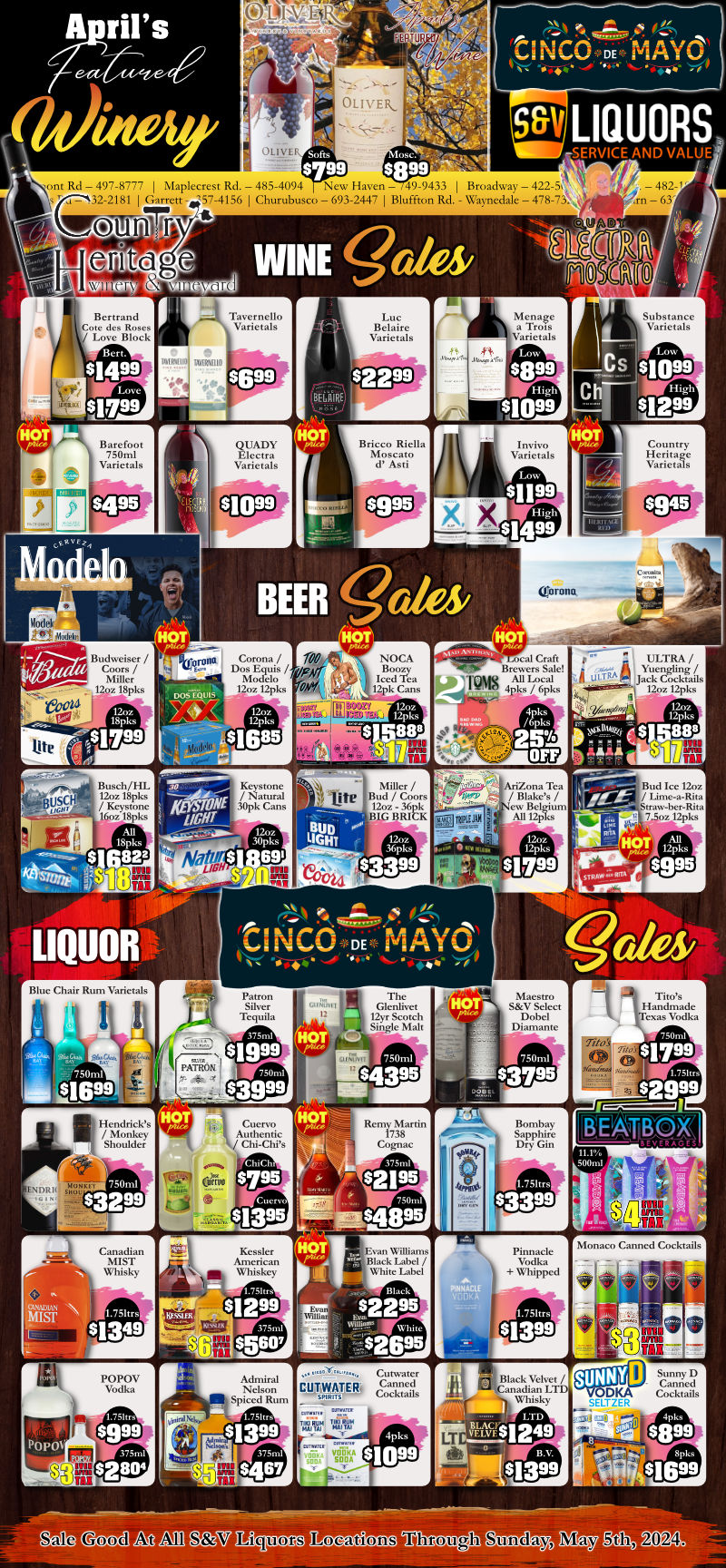 S&V Liquors Weekly Sales Ad for Fort Wayne, New Haven, Garrett, Churubusco, and Woodburn. Beer and Craft Beer, Wine, Spirits, Liquor, Whiskey, Bourbon and more sales available weekly at Fort Wayne's Home for Service & Value ~ S&V Liquors!