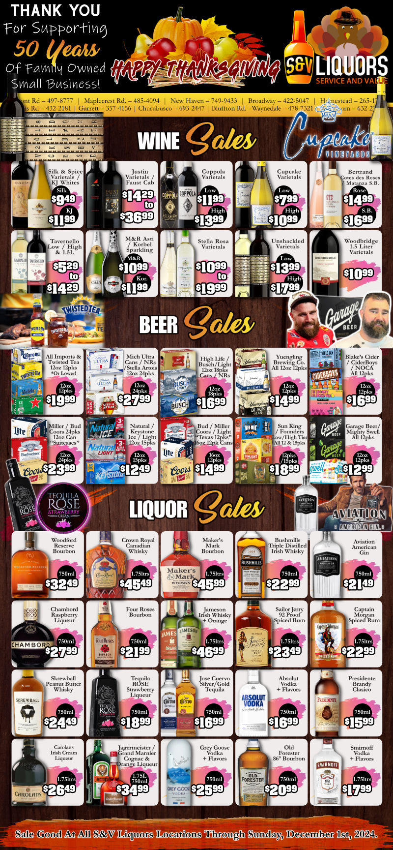 S&V Liquors Weekly Sales Ad for Fort Wayne, New Haven, Garrett, Churubusco, and Woodburn. Beer and Craft Beer, Wine, Spirits, Liquor, Whiskey, Bourbon and more sales available weekly at Fort Wayne's Home for Service & Value ~ S&V Liquors!