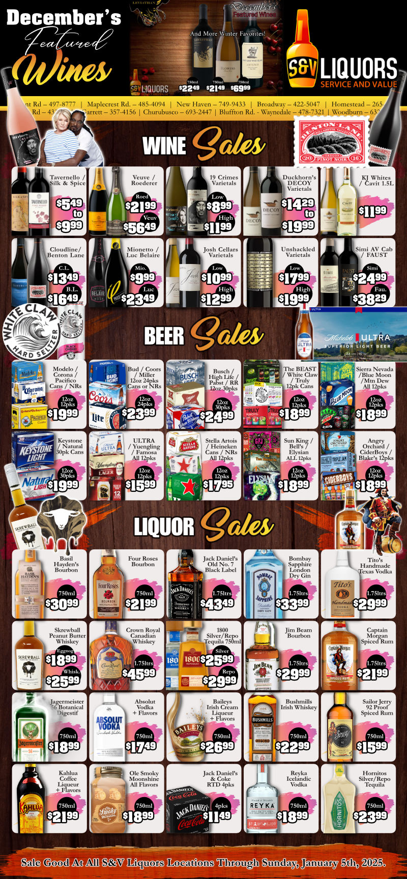 S&V Liquors Weekly Sales Ad for Fort Wayne, New Haven, Garrett, Churubusco, and Woodburn. Beer and Craft Beer, Wine, Spirits, Liquor, Whiskey, Bourbon and more sales available weekly at Fort Wayne's Home for Service & Value ~ S&V Liquors!