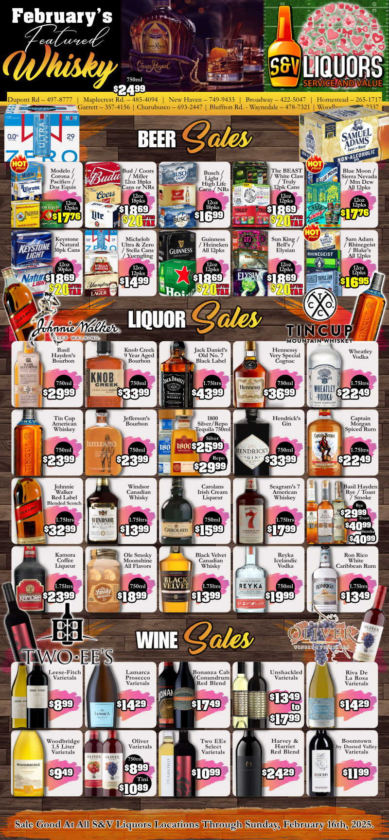 S&V Liquors Weekly Sales Ad for Fort Wayne, New Haven, Garrett, Churubusco, and Woodburn. Beer and Craft Beer, Wine, Spirits, Liquor, Whiskey, Bourbon and more sales available weekly at Fort Wayne's Home for Service & Value ~ S&V Liquors!