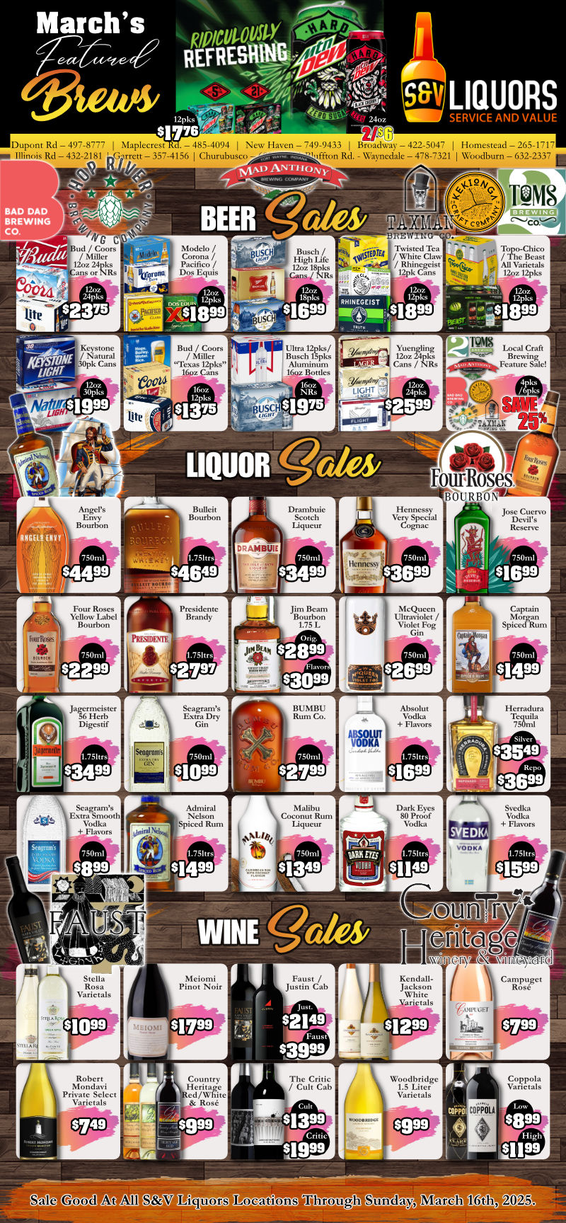 S&V Liquors Weekly Sales Ad for Fort Wayne, New Haven, Garrett, Churubusco, and Woodburn. Beer and Craft Beer, Wine, Spirits, Liquor, Whiskey, Bourbon and more sales available weekly at Fort Wayne's Home for Service & Value ~ S&V Liquors!