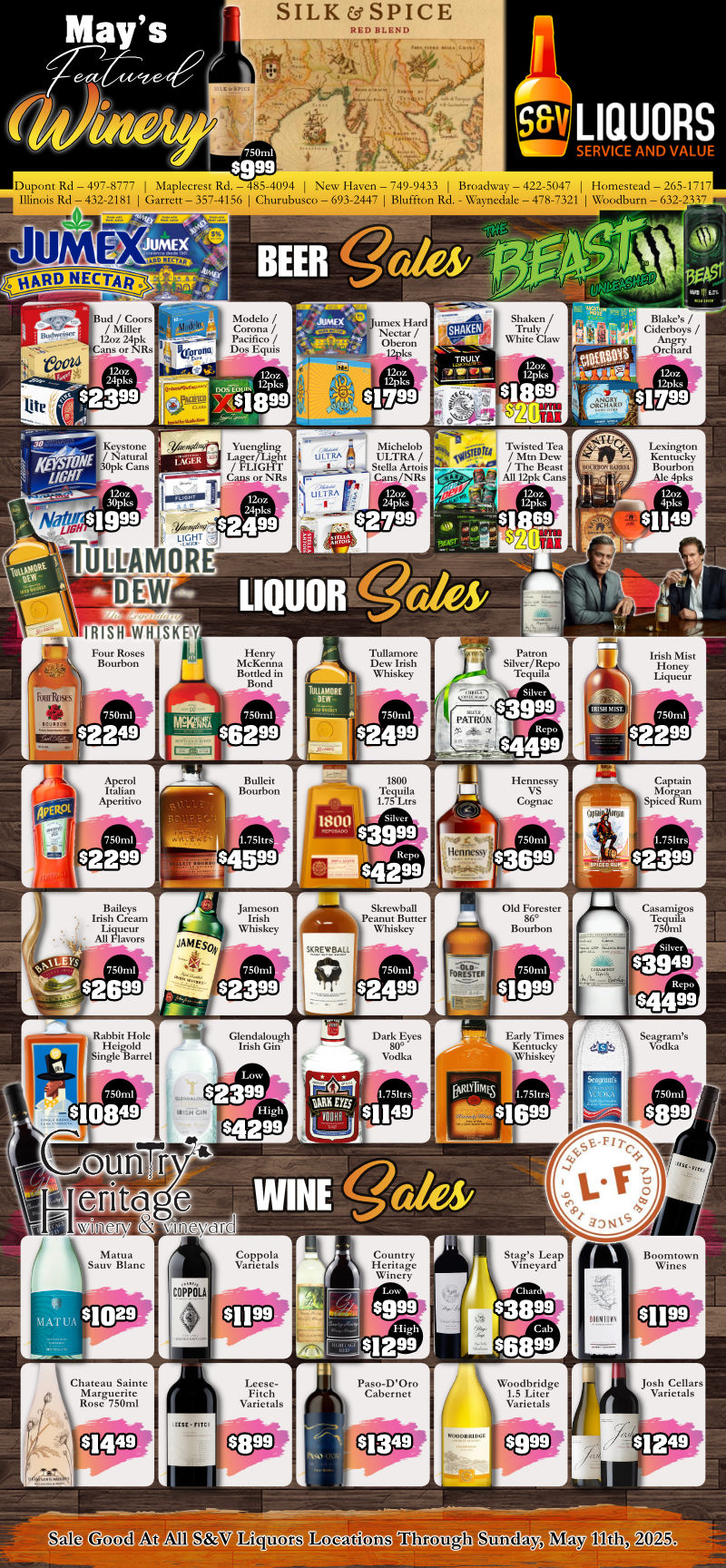 S&V Liquors Weekly Sales Ad for Fort Wayne, New Haven, Garrett, Churubusco, and Woodburn. Beer and Craft Beer, Wine, Spirits, Liquor, Whiskey, Bourbon and more sales available weekly at Fort Wayne's Home for Service & Value ~ S&V Liquors!